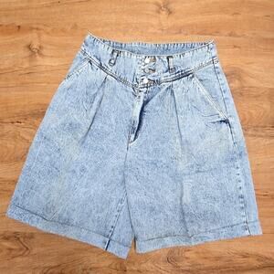 Vintage Acid Wash Denim Shorts Pleated High Waist Womens 12 Juniors 13/14